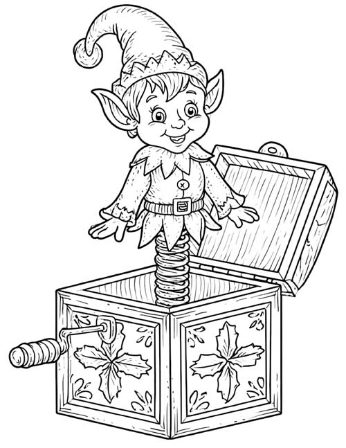 detailed coloring page of an elf popping out of a jack-in-the-box with holly on the sides