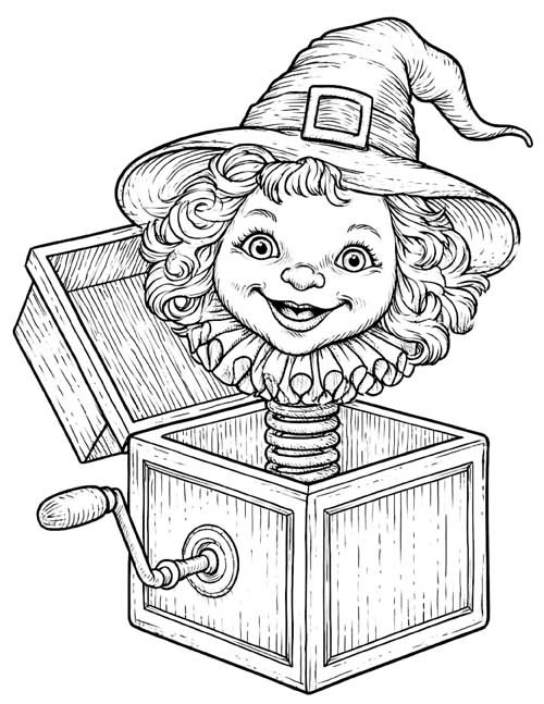 detailed coloring page of a witch with curly hair popping out of a jack-in-the-box