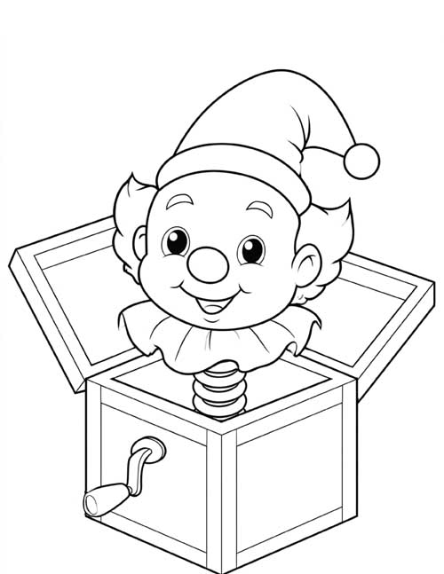 Smiling clown jack-in-the-box coloring page