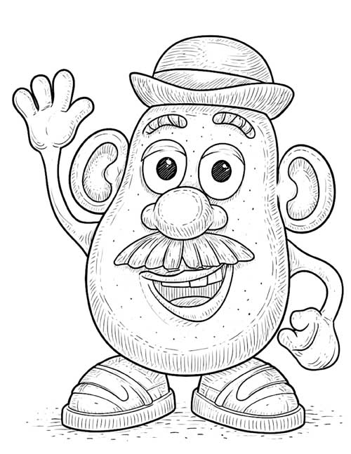 detailed coloring page of Mr. Potato Head waving in a bowler hat