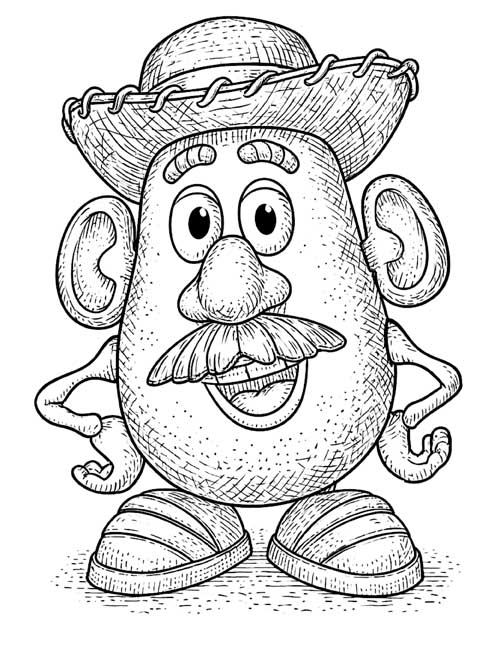 detailed coloring page of Mr. Potato Head in a straw hat with his hands on his hips