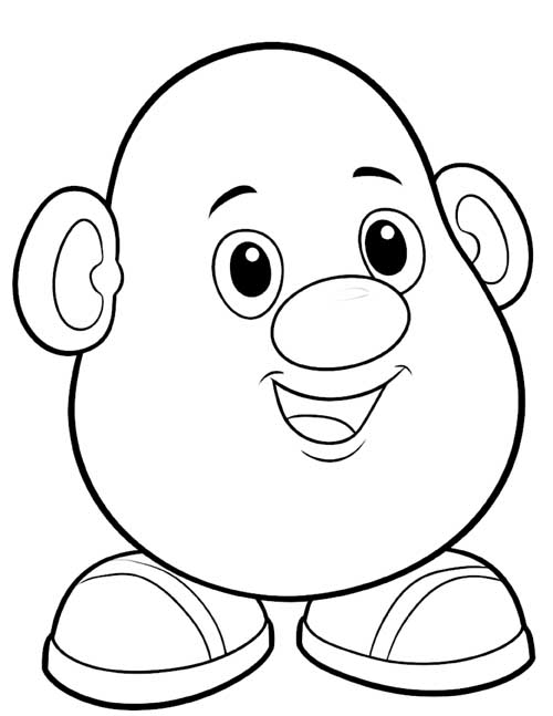 coloring page of a plain potato toy with ears, shoes and a big smile