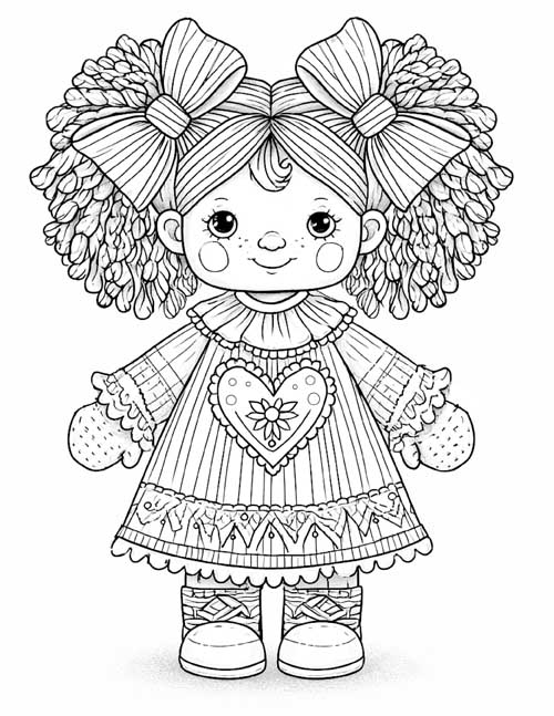 detailed coloring page of a standing rag doll with big bows and a heart on her dress