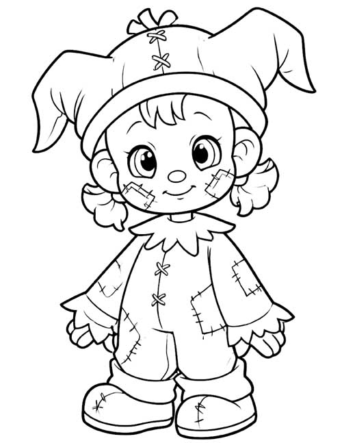 coloring page of a standing rag doll with stitched patches and a pointed hat