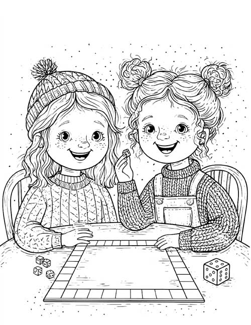 coloring page of two girls in knit sweaters playing a board game with dice