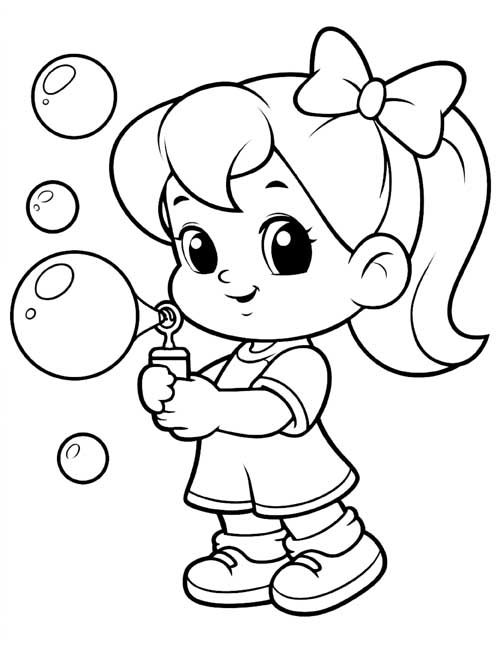 coloring page of a girl with a ponytail blowing bubbles with a bubble wand