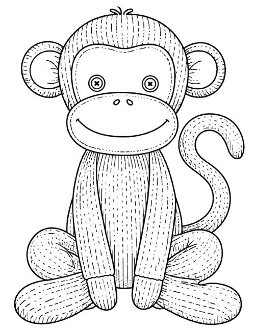 detailed coloring page of a sock monkey with button eyes and a stitched muzzle