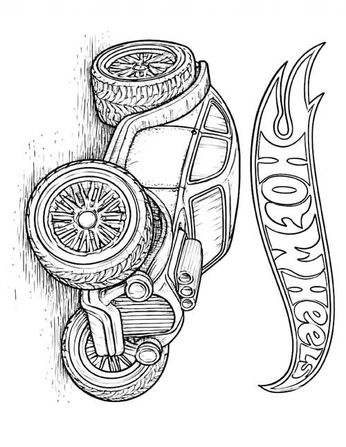 coloring page of a toy hot rod car with big wheels