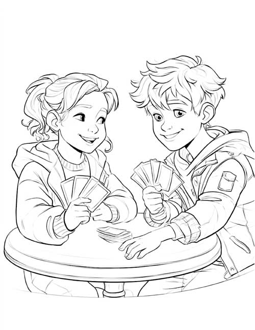 coloring page of a girl and a boy at a round table holding fans of playing cards