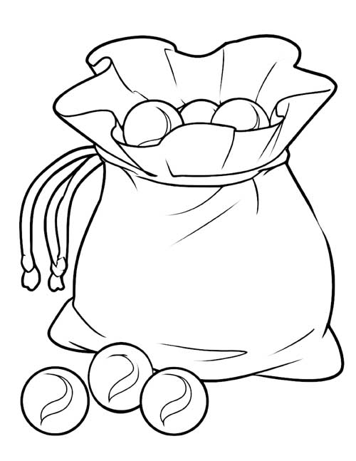 coloring page of a bag of marbles with three marbles on the ground