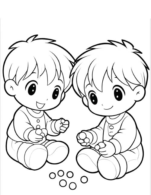 coloring page of two little boys playing with marbles