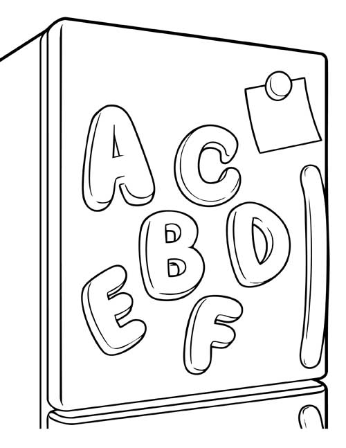 coloring page of alphabet magnets on a refrigerator door