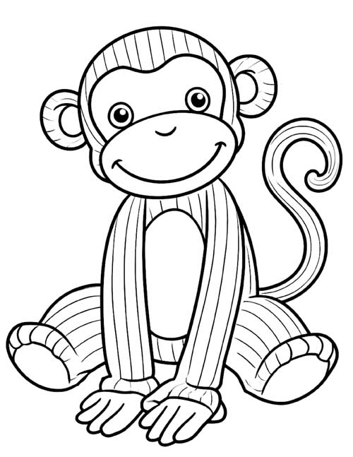 coloring page of a sock monkey sitting up with a curly tail
