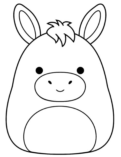 coloring page of a squishy donkey plush with long ears and a tuft of hair