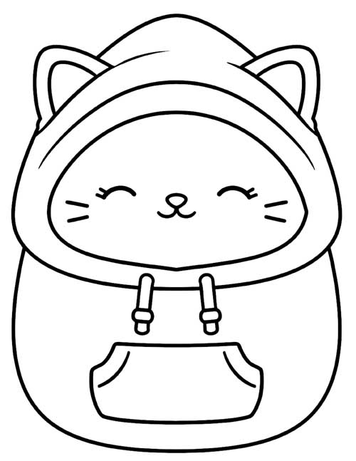 coloring page of a squishy cat plush wearing a hoodie