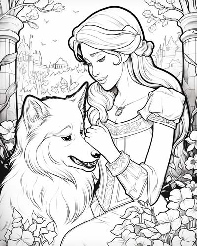 Princess and a dog couple coloring page
