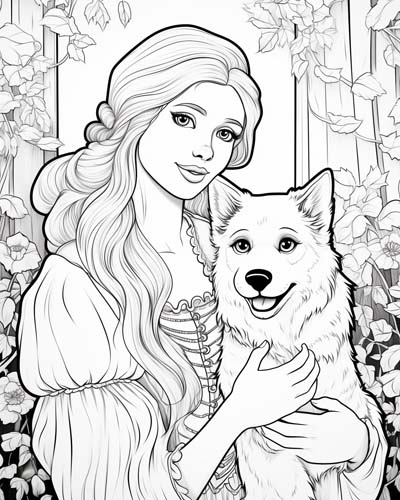 Princess and a dog coloring page
