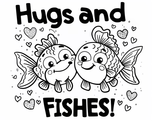 Hugs and Fishes Word Art coloring page