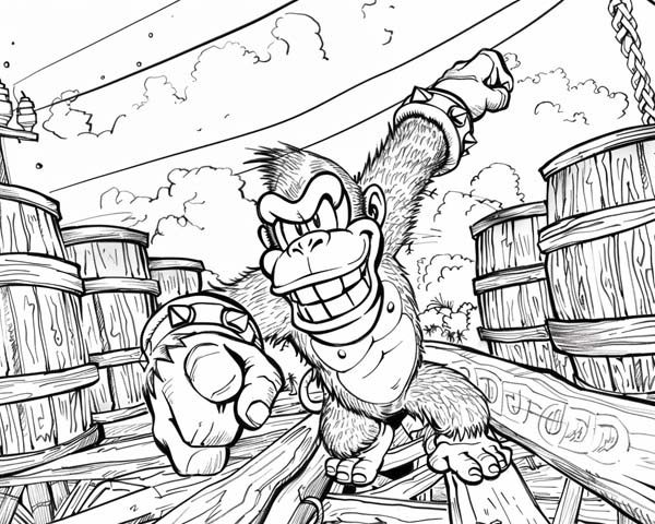 Donkey Kong with barrels coloring page