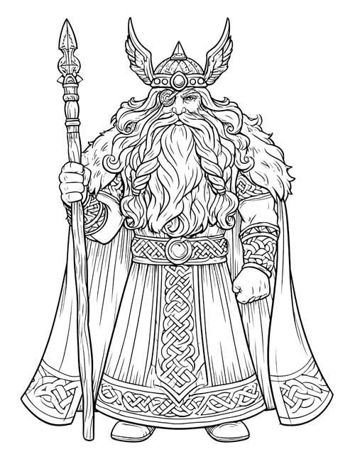 Cartoon coloring page of a bearded Odin with a winged helmet, an eye patch and a spear