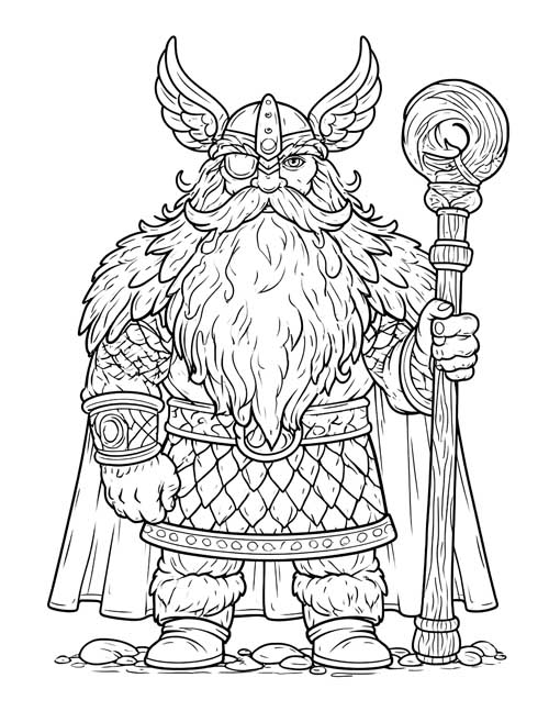 Cartoon coloring page of a stout, bearded Odin with a winged helmet, an eye patch and a tall staff topped with a swirl