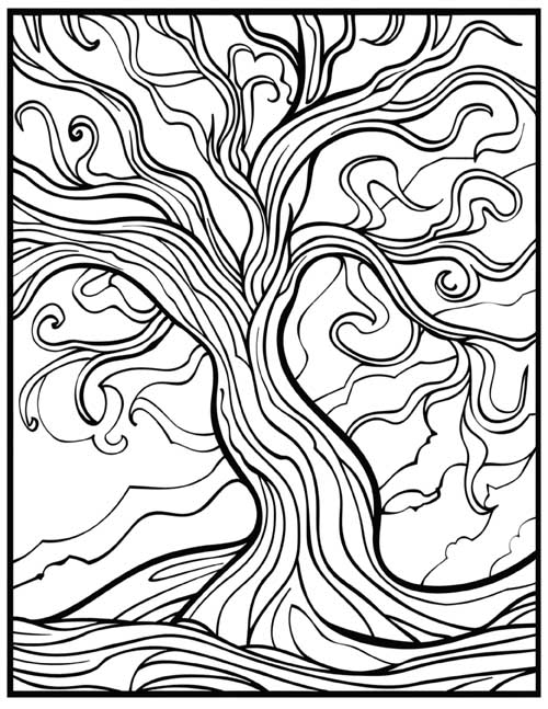 abstract coloring page of Yggdrasil