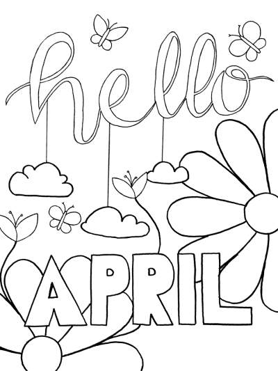 Hello April word art coloring page